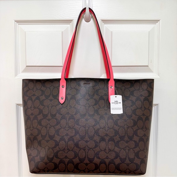 Coach Signature Town Tote in Coated Brown Canvas and Pink Lemonade NWT - Picture 5 of 10